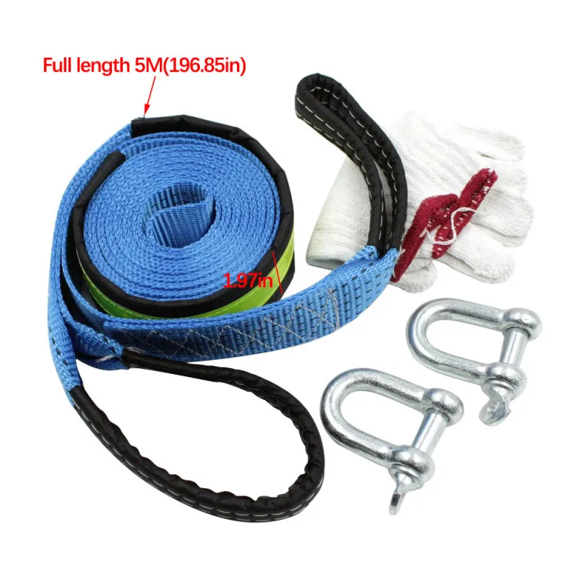5M 8Tons Vehicle Emergency Tow Rope with U Hooks Shackle High Strength Nylon with Reflective Light for Car Truck Trailer SUV
