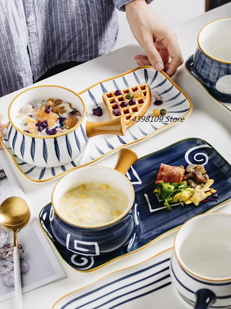 Японская тарелка для завтрака, десертная миска, Геометрическая полосатая керамическая посуда, тарелка для хлеба, стейк на ужин, блюдо для ресторана, тарелка для обслуживания