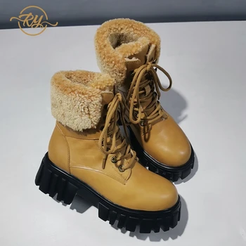 

RY-RELAA Europe station Leather platform shoes 2020 fashion Genuine Leather Winter cotton shoe ins Motorcycle boots tide The New