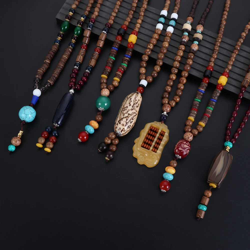 Collar de Nepal budista largo hecho a mano, estilo bohemio Hippie, étnico, de cuentas de madera, Mala, 1 unidad|Collares colgantes| - AliExpress