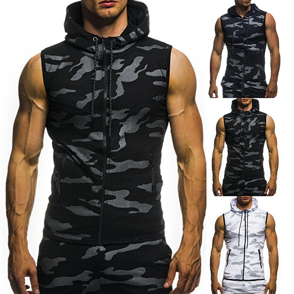 Hombres Culturismo Gimnasios Entrenamiento fatisico Sudaderas sin mangas Hombre Camuflaje casual Sudaderas con capucha Chaqueta