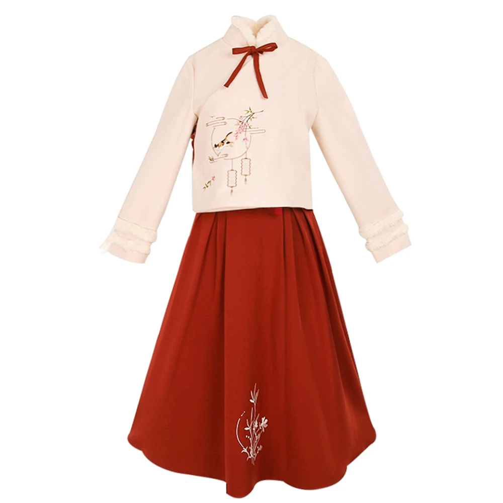 Осенне-зимний комплект из двух предметов, женский новогодний комплект Hanfu, винтажный шерстяной топ с длинными рукавами, пальто+ юбка, комплект для молодых девушек, Рождественская одежда