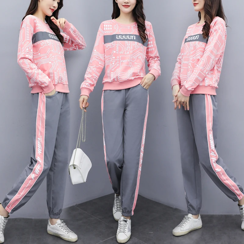 Casual 2 Piece Sets Women'S Pink Tracksuits Set Printed spring Sweatsuit female fashion Tops + Pants Two Sportsuits | Женская одежда