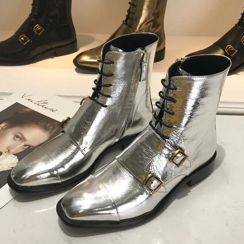Г., золотистые кожаные ботильоны женская обувь на плоской подошве с квадратным носком и двойной пряжкой на шнуровке женские модные военные ботинки zapatos de mujer