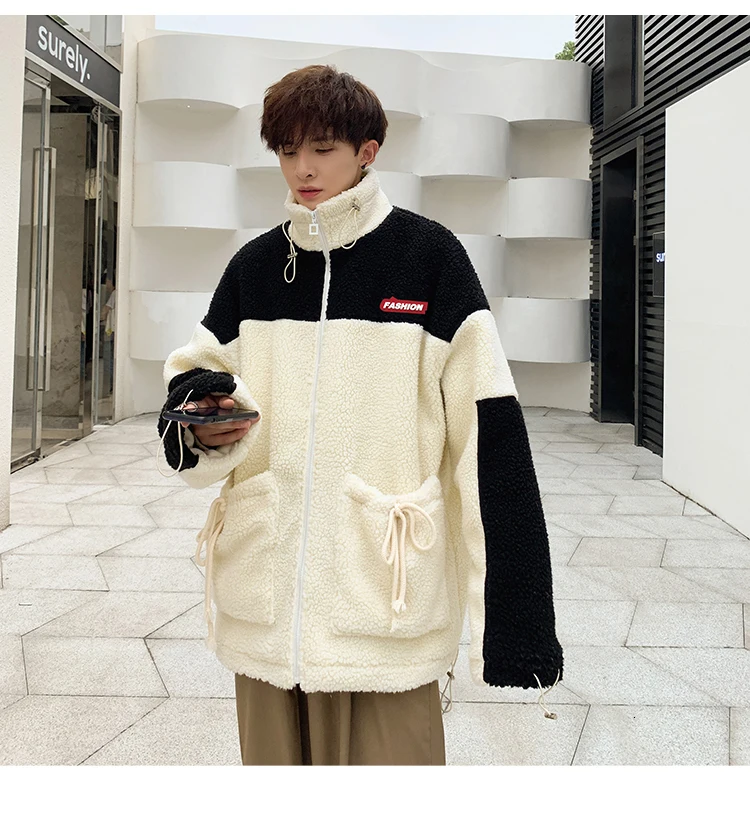 Winter new collection of patchwork printed thick and fleecy hooded padded clothes loose casual personality youth men's wear