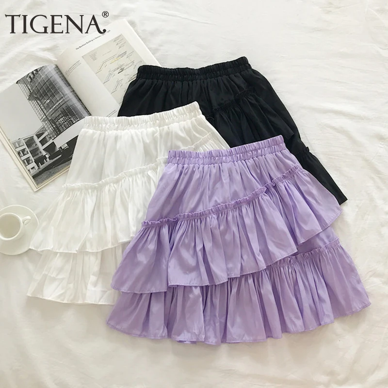 TIGENA Ruffles Cute Mini Skirt Women Fashion 2020 Summer Korean A Line Tired High Waist Pleated Female School White Purple | Женская