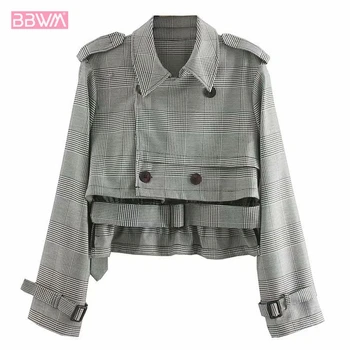 

Plaid Lapel Long Sleeve Short Women's Jacket 2019 Autumn New Fashion Motorcycle Female Jacket Vintage Korean Top