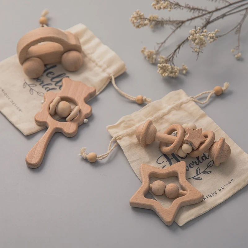 

Baby Toys Wooden Rattles Sets Beech Hand Teething Cartoon Animal Bear Baby Rattles Musical Montessori Educational Toy Gifts