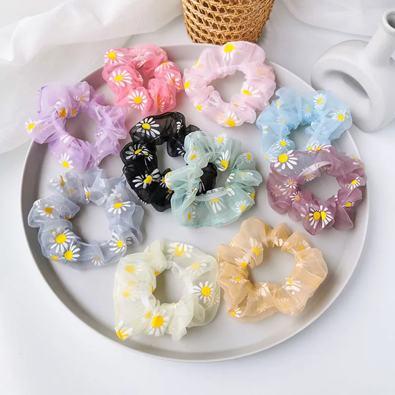 2020 Summer Chic Net Yarn Small Daisy Printed Hair Scrunchie For Girls Ponytail Holders Bands Elastic Accessories |