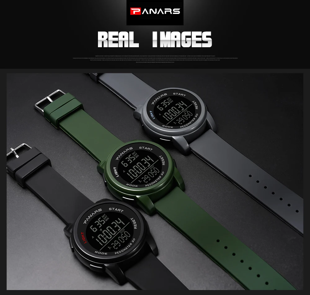 PANARS Mens Digital Watches Men's Sport Watch Dual Time Pedometer Alarm Clock 50M Waterproof Military Multifunction Reloj Hombre
