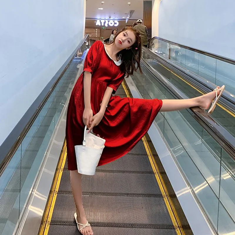 

Photo Shoot INS Vigorous GIRL'S Sweet Red Petal Collar Mid-length Front And Back Double Purpose by Age Big Hemline Dress Summer