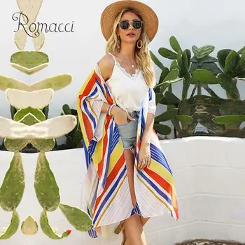 

Chiffon Blouse Women Kimono Cardigan Summer Beach Cover Ups Stripe Print Long Loose Casual Open Front Beachwear Women Top 2XL