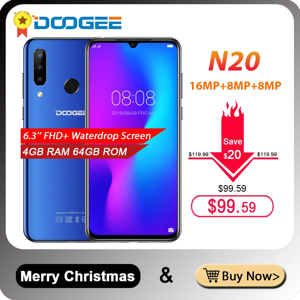 DOOGEE N20 Тройная задняя камера 16 МП мобильный телефон 6,3 дюймов FHD+ дисплей 4 Гб 64 Гб MT6763 восьмиядерный смартфон 4350 мАч 4G LTE