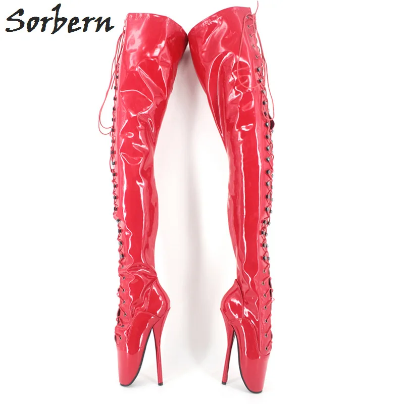 Red Patent Sorbern/Сапоги для трансвеститов на заказ; Сапоги выше колена; Балетные сапоги на высоком каблуке; высокие сапоги на шпильке 18 см; сапоги до середины голени с широким подолом; обувь для парней - Цвет: Red Patent