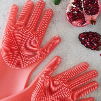 

New Magic Silicone Gloves 100% Food Grade Cleaning Dishwashing Brushs Heat Resistant for Cleaning Household Dish Washing (Red)
