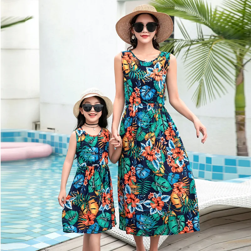 Lzxuan Mommy and Me Floral Printed Matching Dresses Chiffon Beach Mini Sundress
