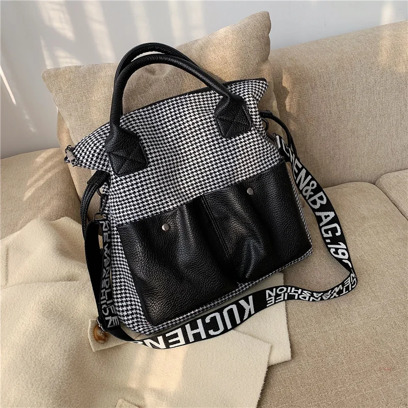 

Plaid High Capacity Totes Women Wide Strap Shoulder Bags Luxury Designer Pu Leather Women Handbag Female Large Messenger Bag New