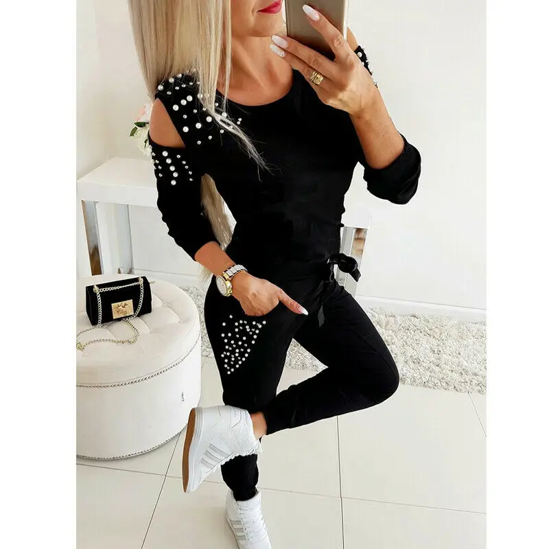 

Autumn Winter New Fashion Womens Beading Long Sleeve Top + Pants Tracksuit Sweatshirt Jogger Running Suit Outfits