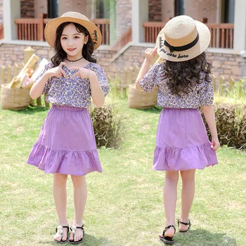 

Summer Girls Clothing Sets Baby Kids Girl Clothes Short-sleeved V-Neck Floral Shirt+Skirt 2Pcs Suit 4 5 6 8 Years Child Outfits