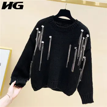 

HG Patchwork Tassel Diamond Pullover Sweater Women 2020 Winter Casual Fashion Style Temperament All Match Women Clothes ZY2186