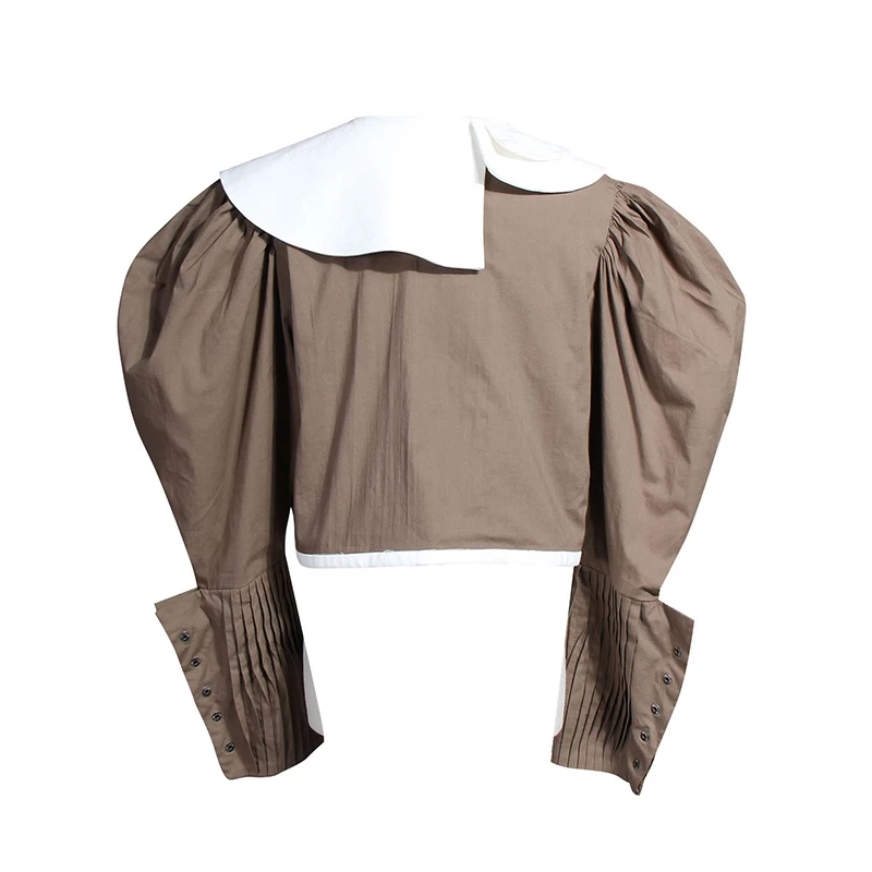  [EAM] Women Blouse New Lapel Long Sleeve Loose Fit Spliced Panelled Button Pleated Shirt Fashion Ti