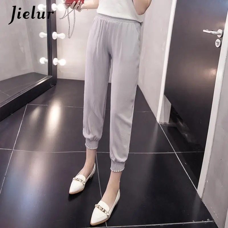 Jielur Chiffon Pants Summer Female Leisure Soft Trousers Women Solid Color Casual Loose Thin Cropped Harem Pants Bohemian Mujer