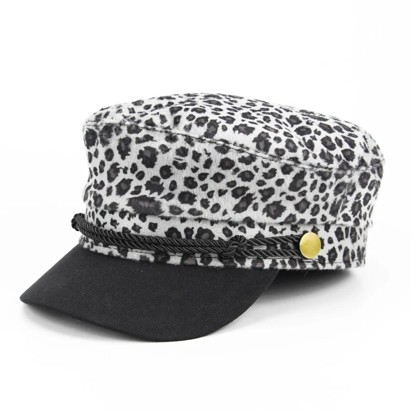 

Leopard Print Military Hat Autumn Winter Wool Sailor Hat For Women Female Travel Cadet Hat Captain Cap Chain Beret Female Hat