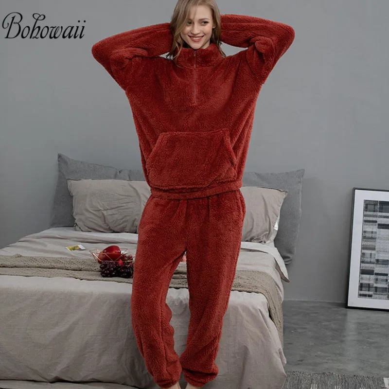 BOHOWAII Flannel Pajama Set Zipper Loose Pajamas Casual Pyjama Homme Hiver  Chaud Indoor Clothing Thick Warm Pants Sleep Tops