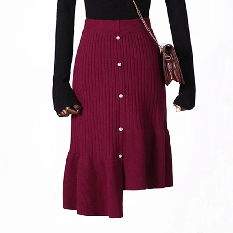 

Women Knitted Knee-Length Skirt Winter Warm Sweater A-line Knit Female Bottoms Casual Swing Skirts Autumn Black