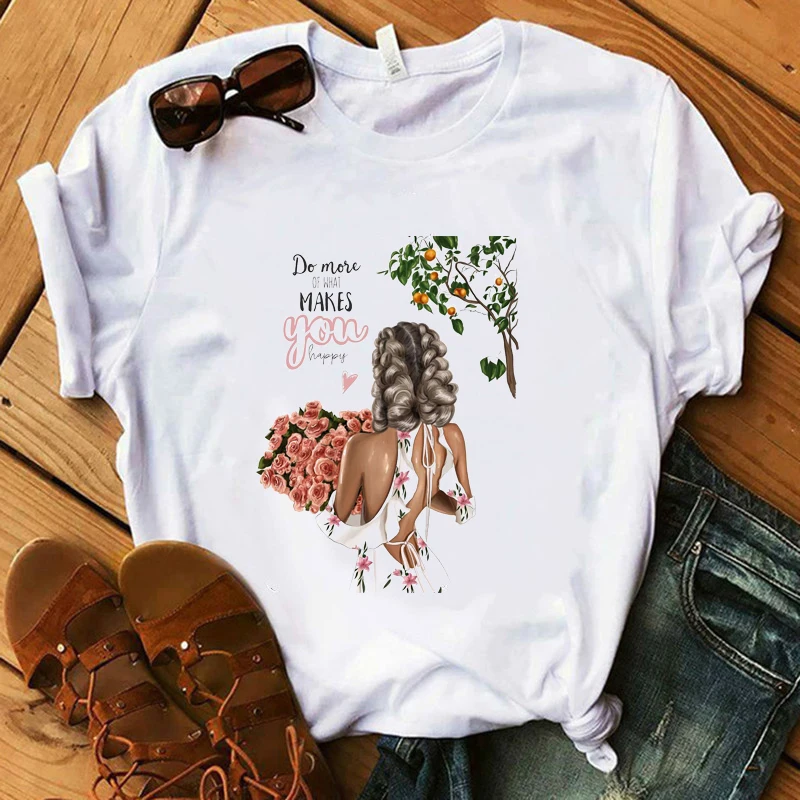 

Flower Girl T Shirt Lady Make You Happy Vogue White T-shirts Woman Summer Soft Tops Streetwear Mama Base 90s