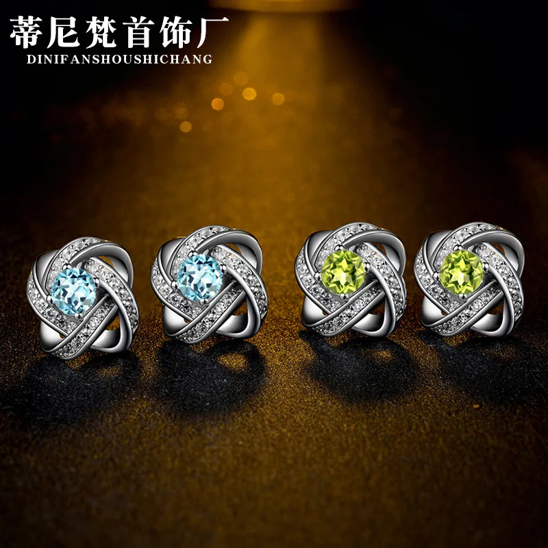 

Korean-style Fashion Elegant Students Earrings Ear Rings S925 Fine Silver Inlaid Gemstone Topaz Olivine Cool Ear Stud