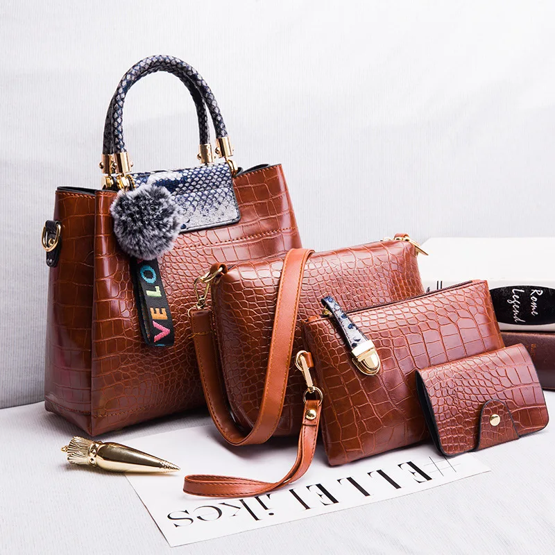 Женские сумочки на плечо из кожи аллигатора и сумочки, 4 штуки, Набор сумок для женщин, сумки женские, коричневые, нейтральные - Цвет: brown