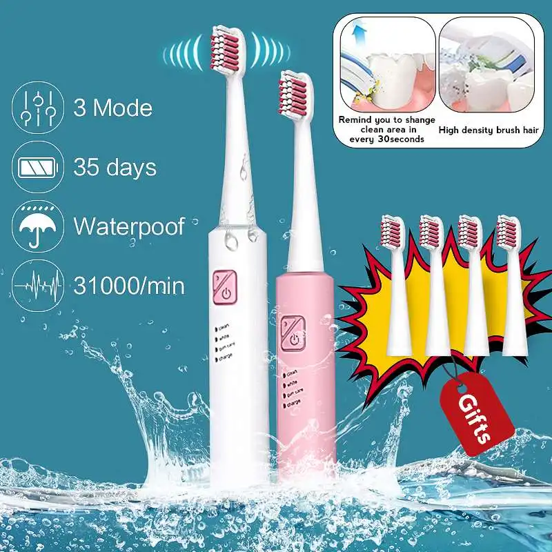 SPZ Electric Toothbrush 3 Mode USB Acoustic Wave Vibration Waterproof IPX7 Soft With 4pcs Replacement Head Electric Teeth
