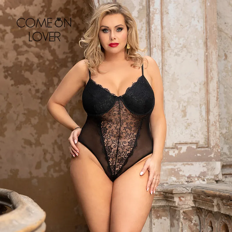 Body de encaje de talla grande para mujer, Body transparente con tirantes finos de malla, mono con aros de realce negro, RE80959