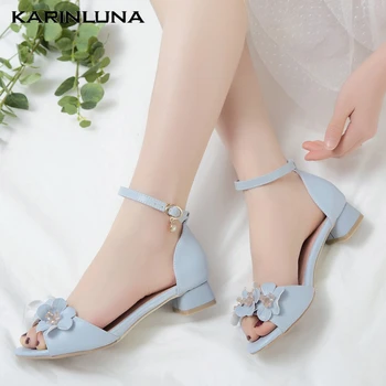 

karinLuna 2020 Hot Sale Large Size 43 Sweet Women Pumps Square Heels Peep Toe Metal Decoration Sandals Summer Casual Woman Shoes