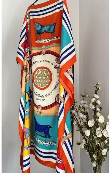 Kuwait Fashion Blogger Recommend Printed Silk Kaftan dress Loose Summer Beach Bohemian Kaftan Long Dress For Lady