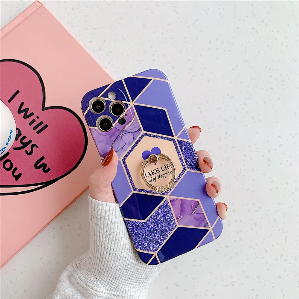 iphone leather case Geometric Marble Phone Case For iPhone 12 Mini 11 Pro Max XS Max X XR 8 7 Plus SE 2020 Case Cover Ring Kickstand Silicone Shells wooden phone cases Cases For iPhone