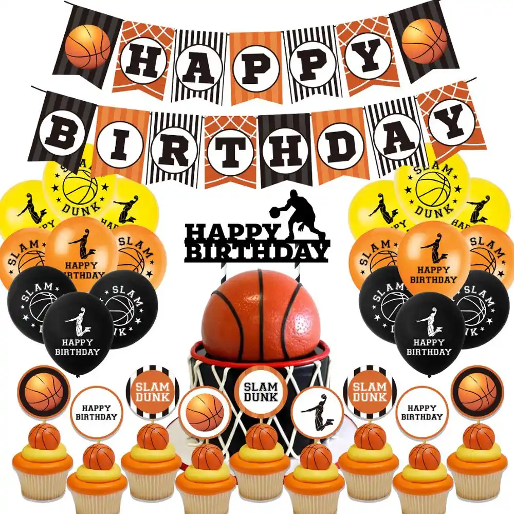 Basketball Theme Party Decoration Balloons Nba Blue Ball Birthday Pull Flag Boy Baby Birthday Cake Card Latex Balloon Set Aliexpress