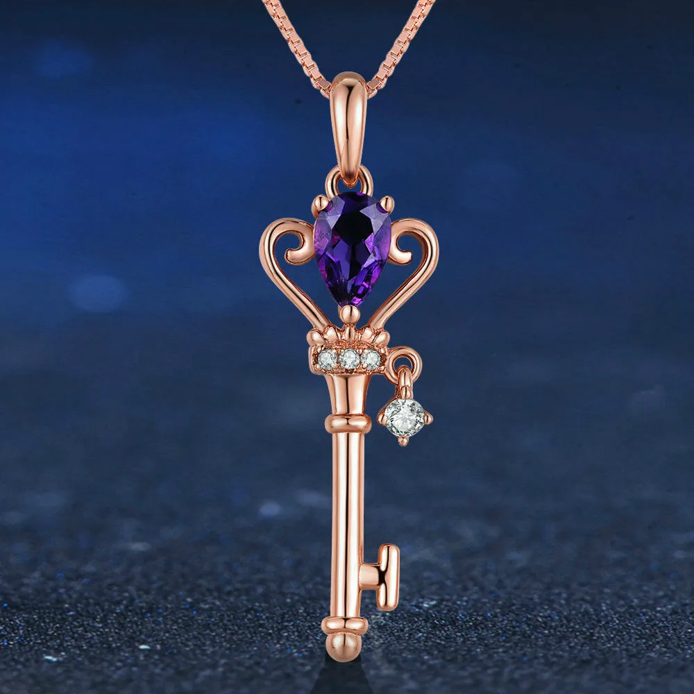 Natural Amethyst 925 Silver Mosaic Zircon Key Pendant Trendy Chain Necklace Fashion Charm Personality Jewelry Accessories - Image 2