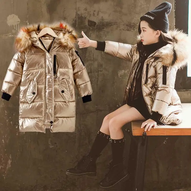 Русская зимняя куртка для детей до-30 градусов длинный зимний комбинезон с подкладкой, пальто для девочек Детская парка теплые пуховые пальто с меховым утеплителем и капюшоном - Цвет: Gold