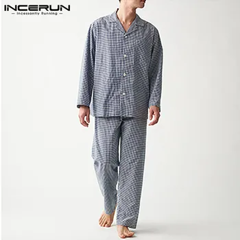 

INCERUN Fashion Men Pajamas Sets Plaid Modern Style Lapel Long Sleeve Sleepwear Long Pants Cozy Autumn Nightwear Sets Homewear