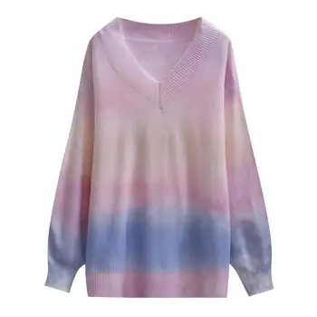 

Loose Literature and Art 2020 New Net Red Lazy Wind Rainbow Pullover V-neck Sweater Tide Multicolor Print Sleeves Mori Sweater