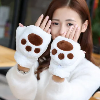 

Fleece Plush Golve Women Girls Winter Thicken Cute Cat Claw Bear Paw Flip Gloves Fingerless Convertible Mittens Wrist Warmer