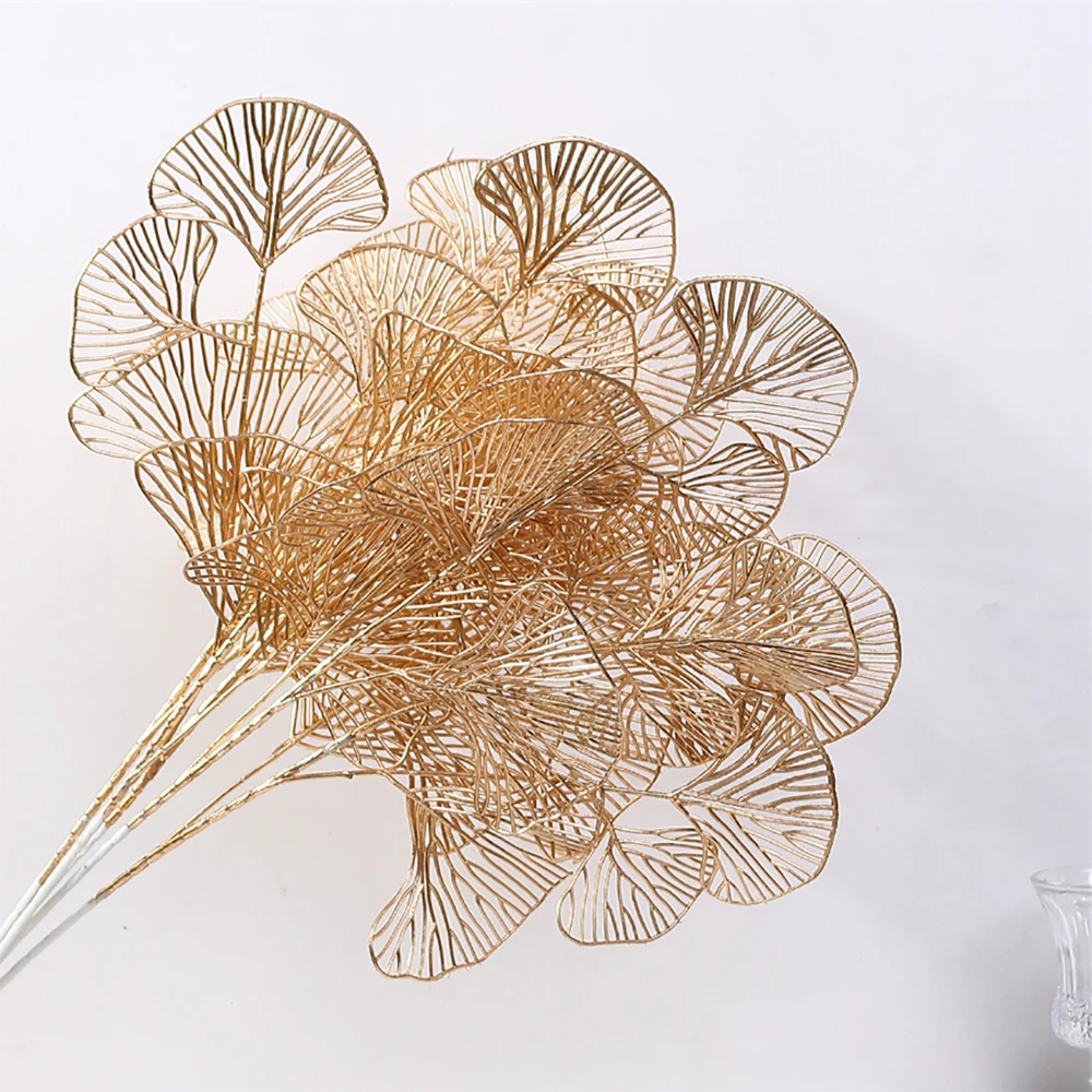 Red de hojas de ventilador de tres puntas, oro Artificial, Ginkgo, eucalipto, para boda, arreglo de arco de flores, manualidades decorativas para el hogar, 1 ud. - Imagen 2