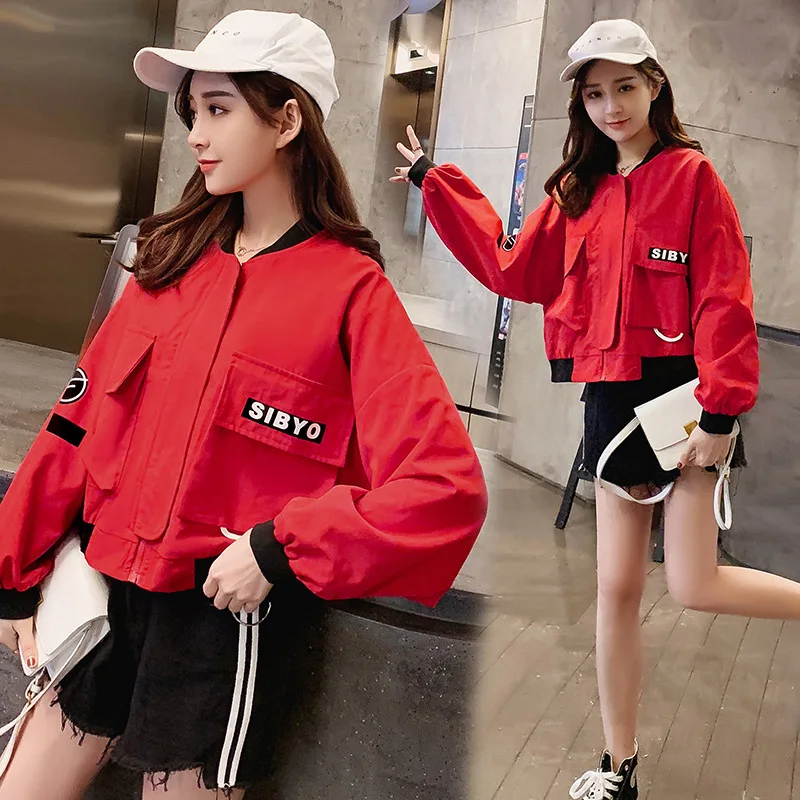 

Spring And Autumn New Style Korean-style Students Large Pocket Baseball Uniform Women's Loose-Fit Hip Hop Short Coat BF Harajuku