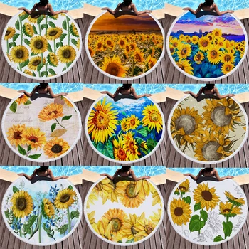 

Summer Sunflower Floral Round Beach Towel With Tassel 150cm Blanket Mat Tapestry Swimming Bath Towel