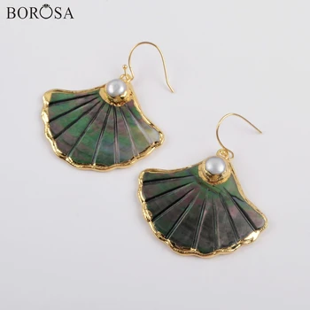 

BOROSA 4Pairs Gild Fan Shape Rainbow Shell Pave Pearl Drop Earrings Natural Black Rainbow Shell Charms Earrings Jewelry G1878