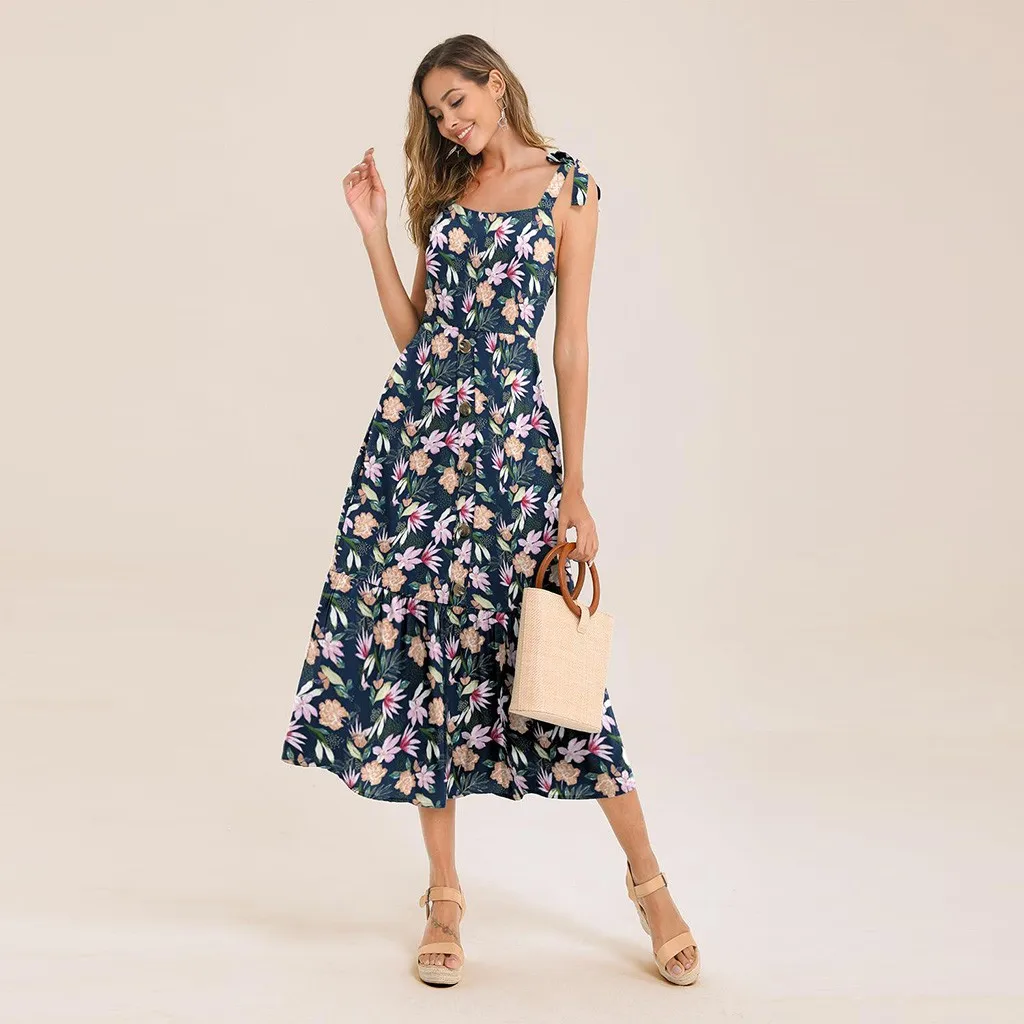 Womail Fashion Для женщин платье одежда без рукавов, на пуговицах, с карманами печатных платье Пляжное длинное платье, сексуальное платье, женская летняя обувь