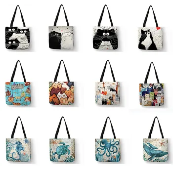 

2020 Animal 3D printing cotton hemp Handbag animal pattern Ecobag Shopping Bag Large por favor no pidas esto obag grocery bags