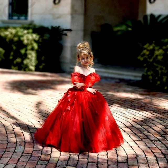 Requintado vestido vermelho princesa flor, apliques vestido de